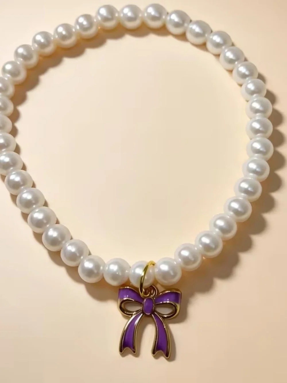 Purple Pearl Pet Collar Necklace with Bow – Medium Adjustable Dog/Cat Jewelry